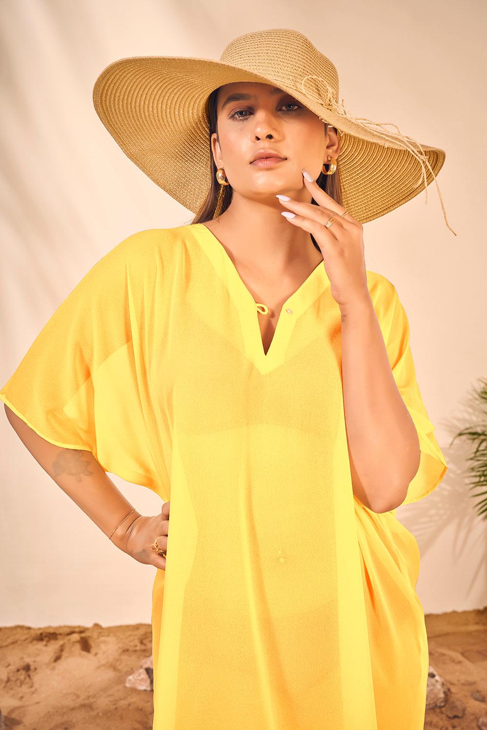 Beach Wear V Neck Yellow Kaftan Cover Up Dress - Curvy Lane