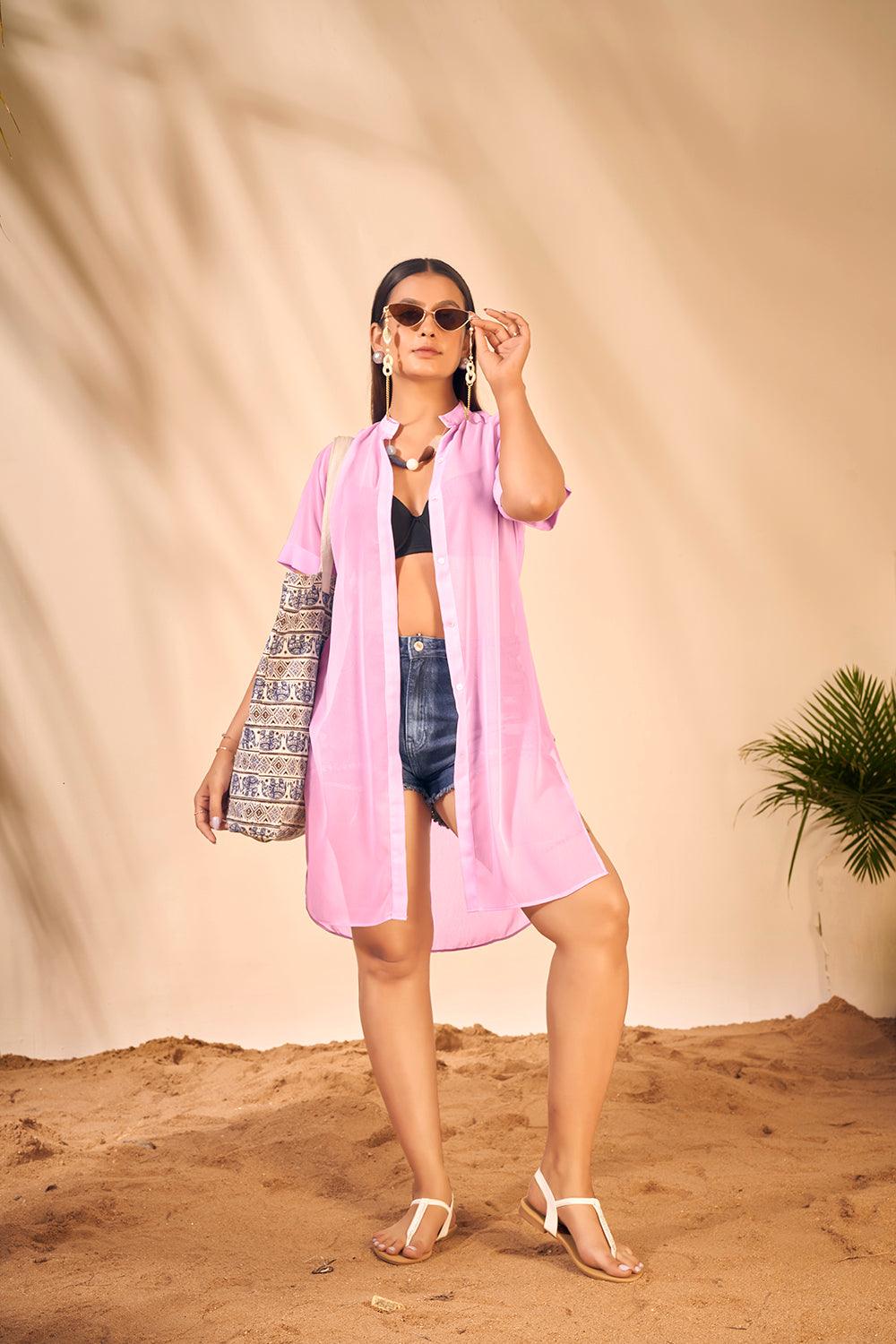 Beach Wear Lavender Shirt Style Swim Cover Up - Curvy Lane