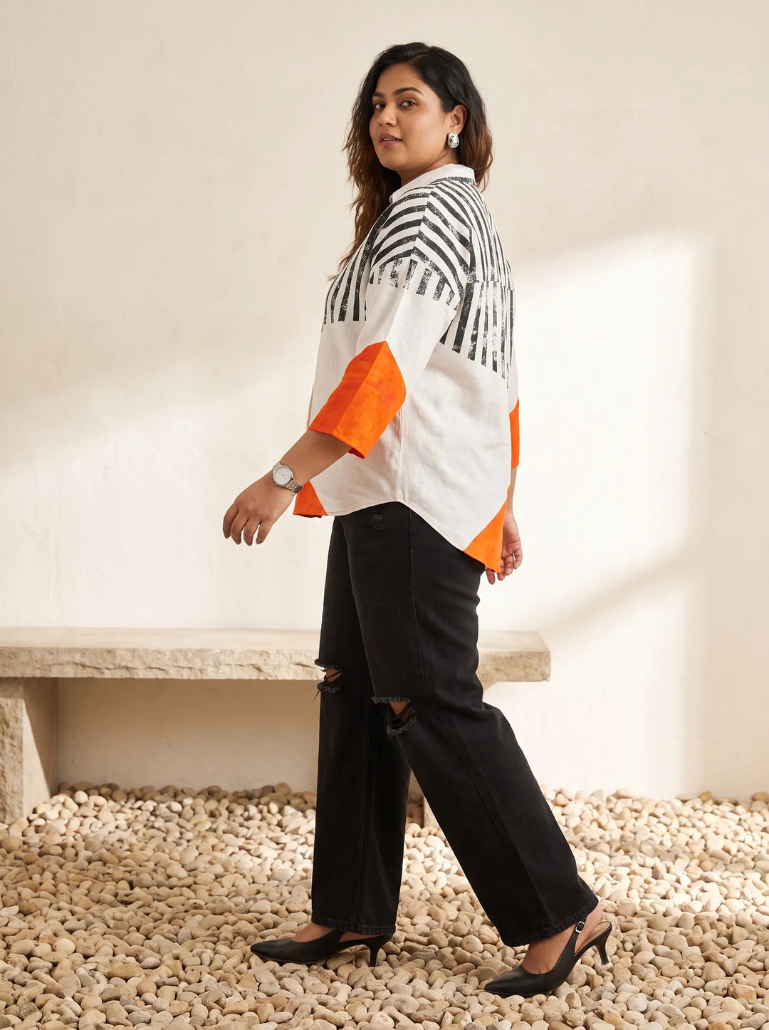 Orange Colour Block Stripe Top