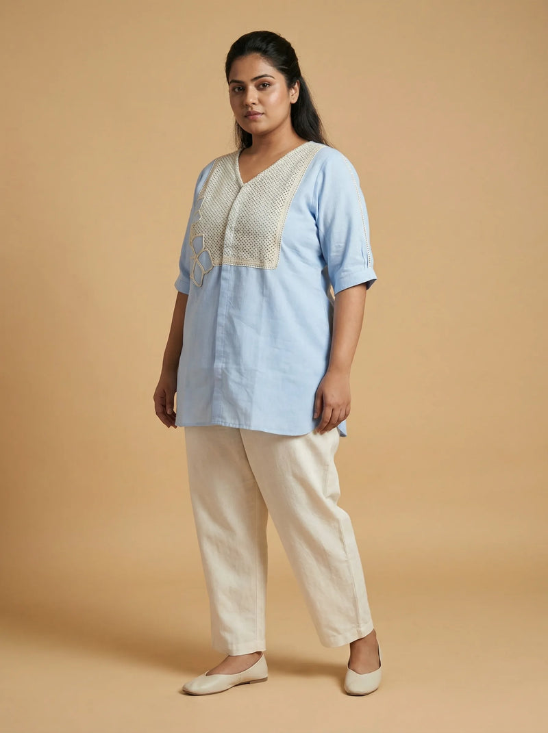 Sky Blue Pure Cotton Puffed Sleeve Top
