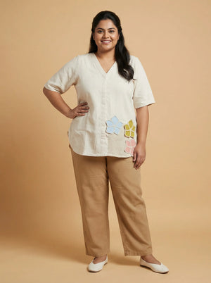 Plus Size Half Sleeve Off White Cotton Top