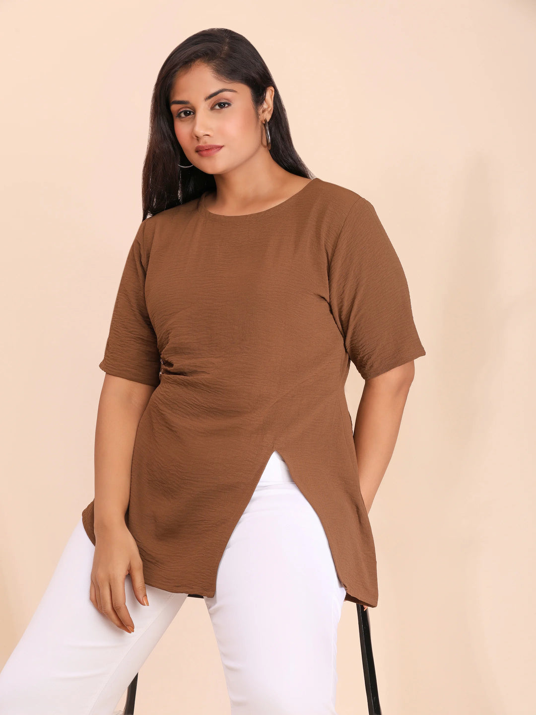 Brown asymmetric casual top for women