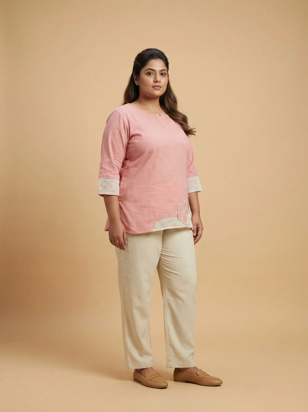 Peach Pink Floral Cord Work Cotton Top