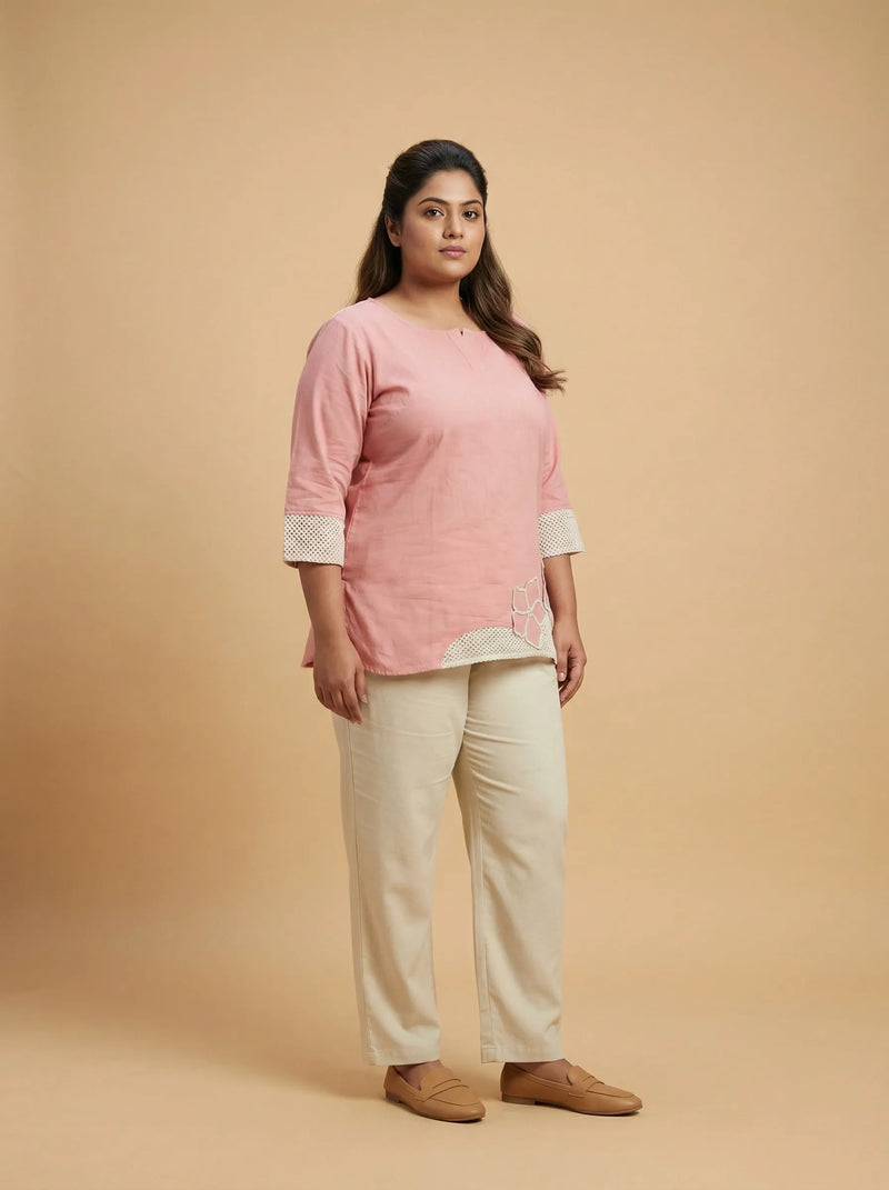Peach Pink Floral Cord Work Cotton Top