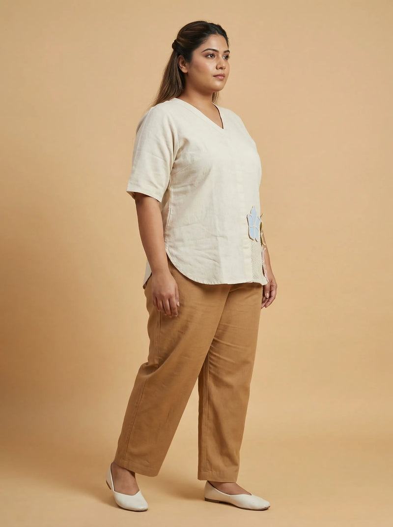 Plus Size Half Sleeve Off White Cotton Top