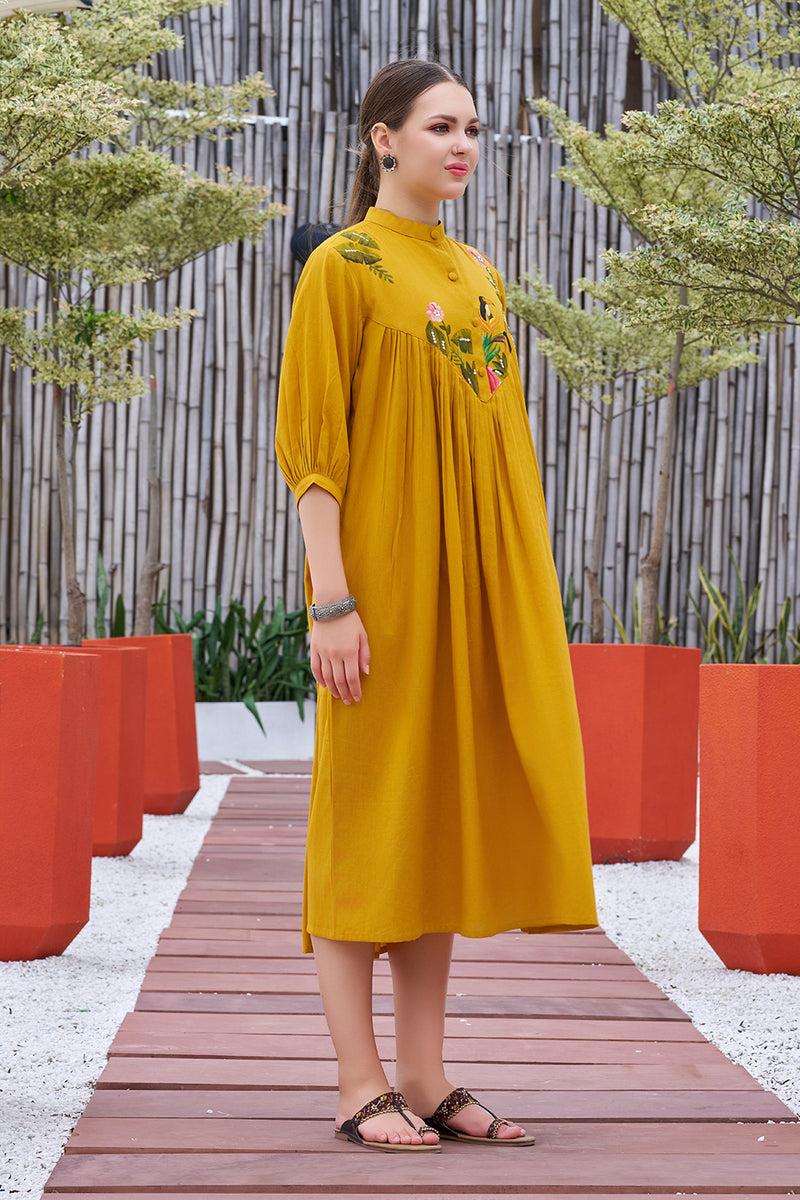 Curvylane's Mustard Yellow Calf-length Dress With Handwork