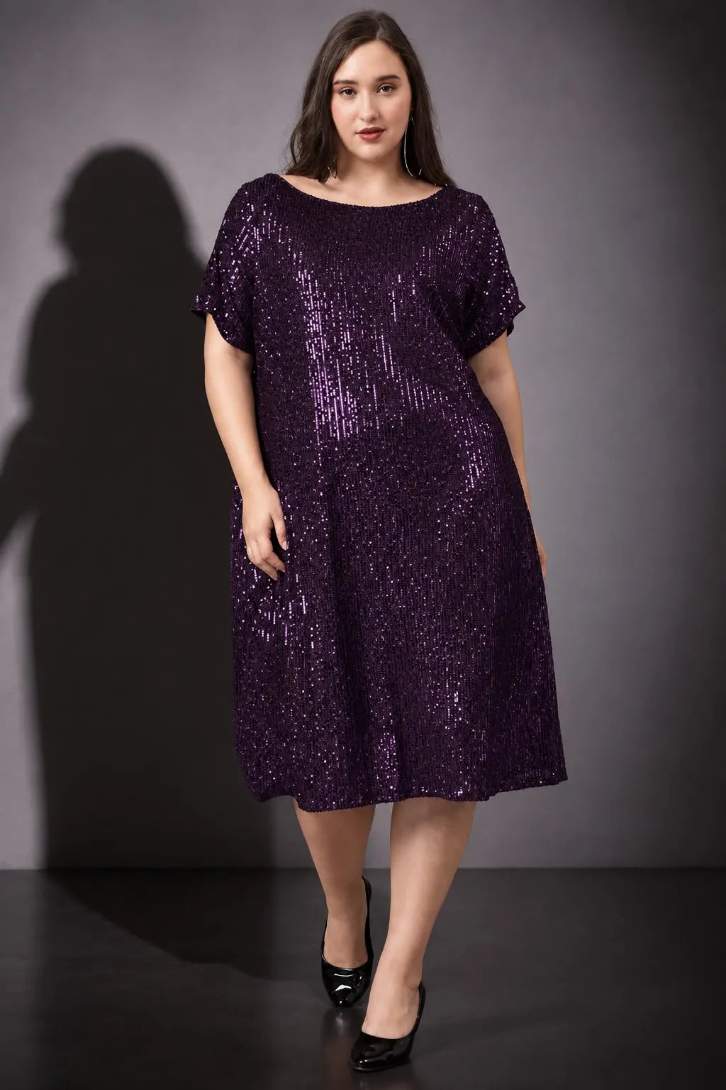 Purple Boat Neck Sequins Dress with Slit Sleeves