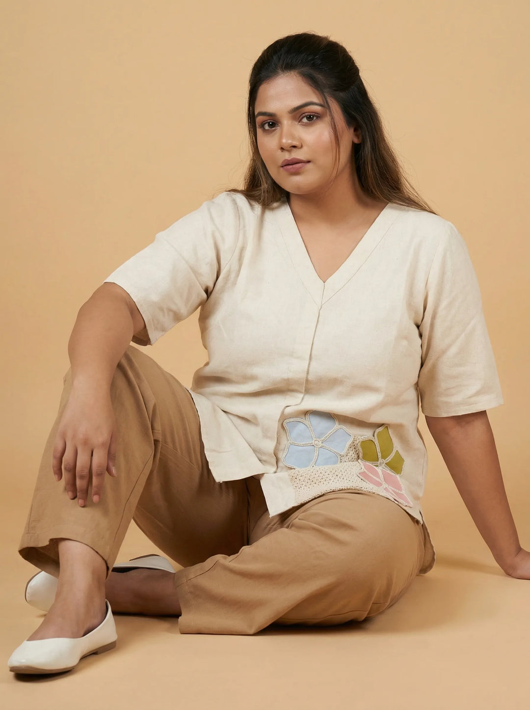 Plus Size Half Sleeve Off White Cotton Top