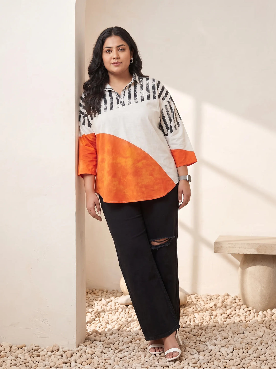 Orange Colour Block Stripe Top