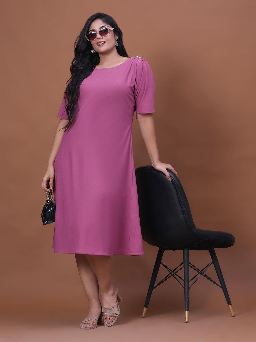 Pink A-Line Plus Size Party Wear Dress Pink / 6XL Pink A-Line Plus Size Party Wear Dress Pink / 6XL