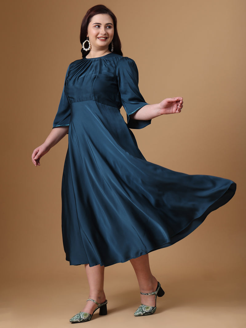 peacock green velvet satin long dress with sleeves