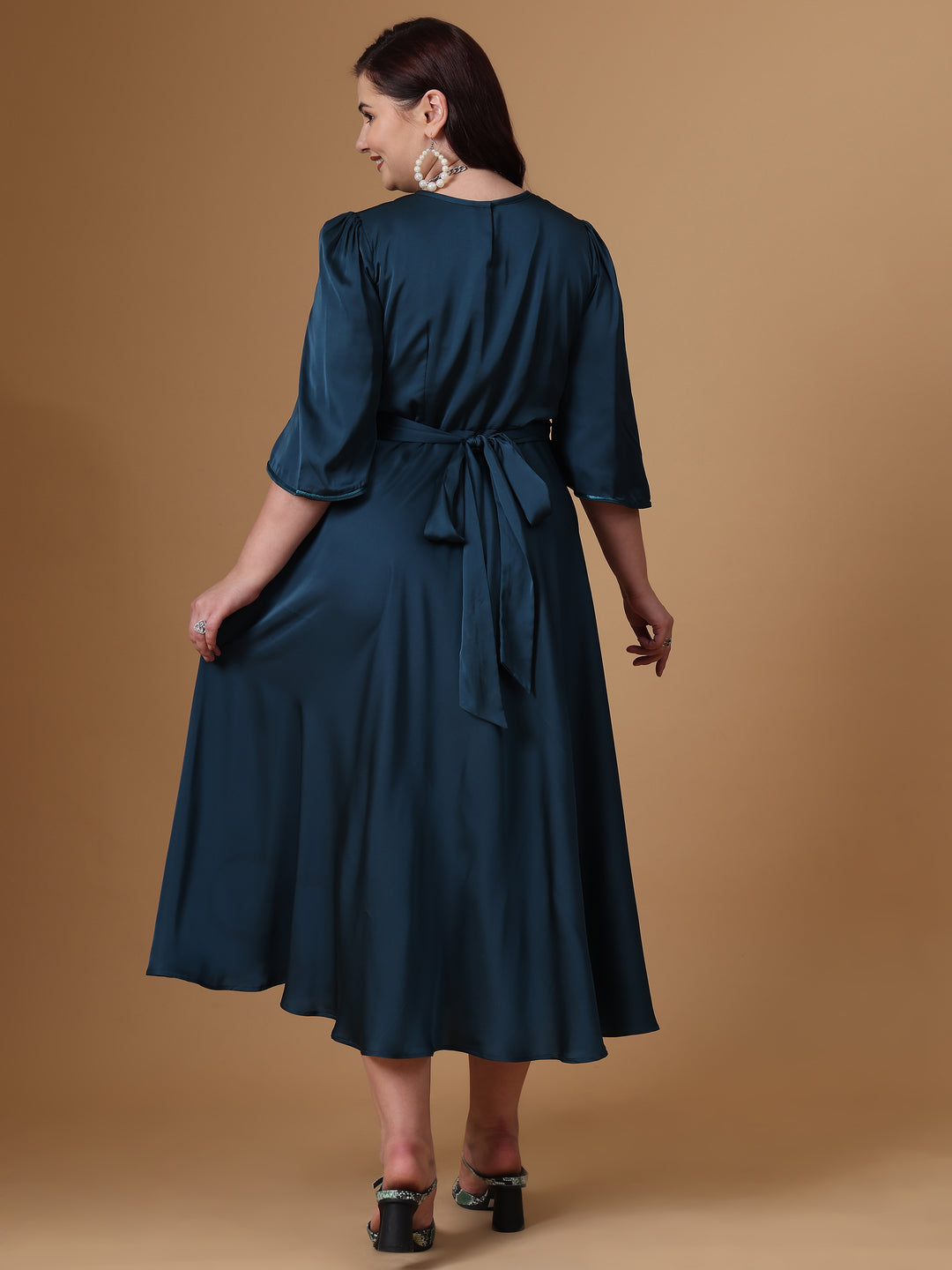 Peacock Green Velvet Satin Flared Dress - Main Image