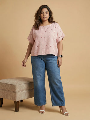 Pink Polka Dot Boat Neck Top