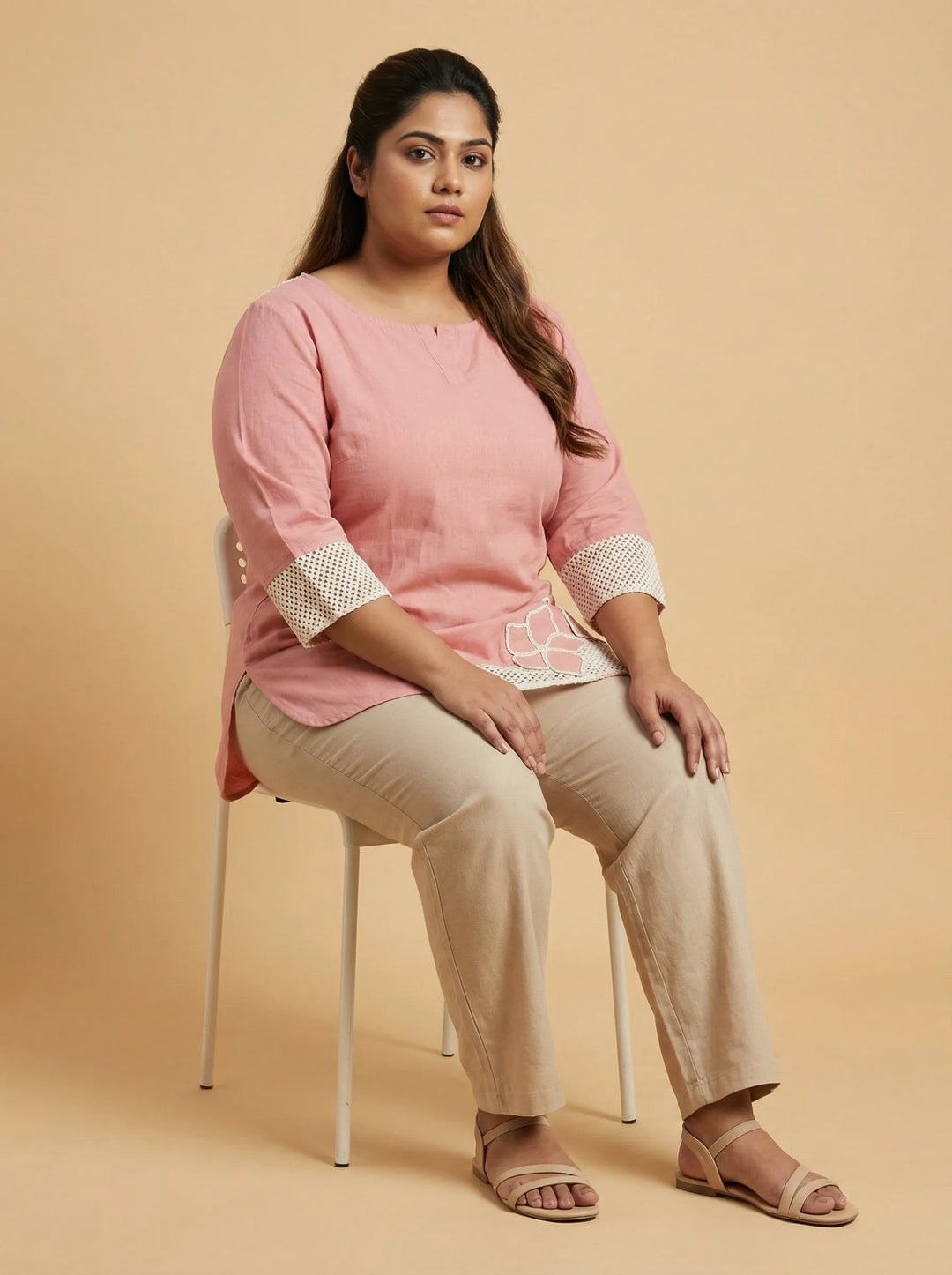 Peach Pink Floral Cord Work Cotton Top