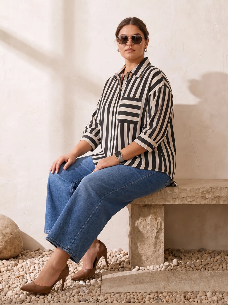 Black White Stripe Floral Back Print Top