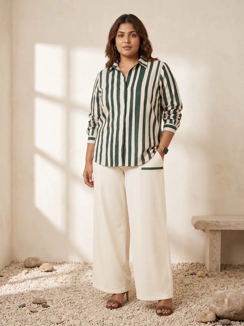 Green Striped Oversized Shirt Collar Top