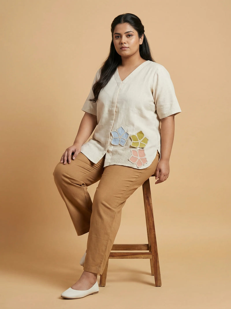 Plus Size Half Sleeve Off White Cotton Top