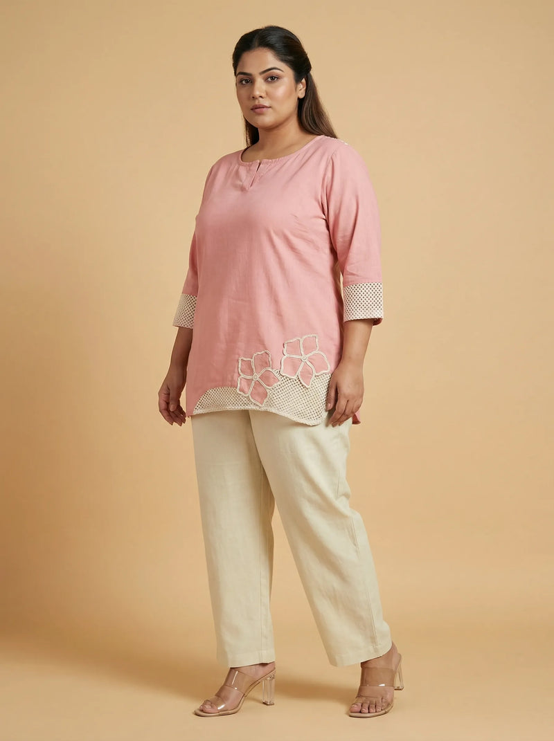 Peach Pink Floral Cord Work Cotton Top
