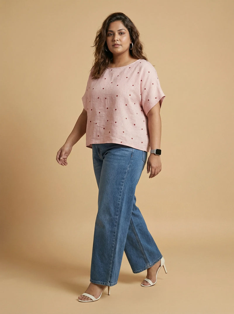 Pink Polka Dot Boat Neck Top