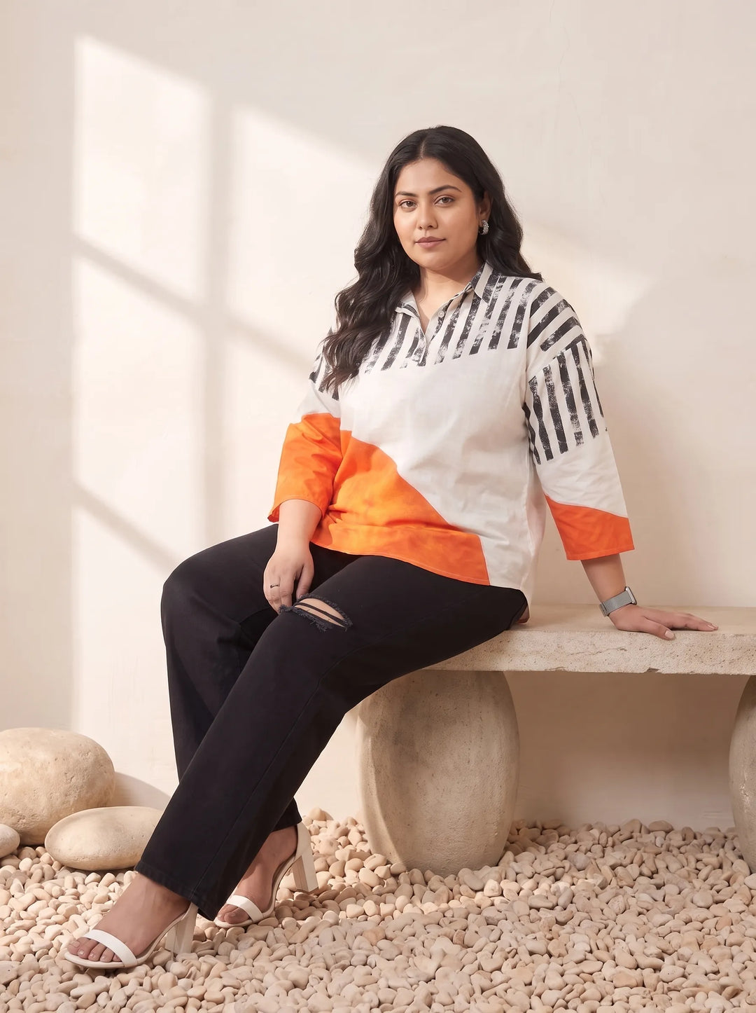 Orange Colour Block Stripe Top