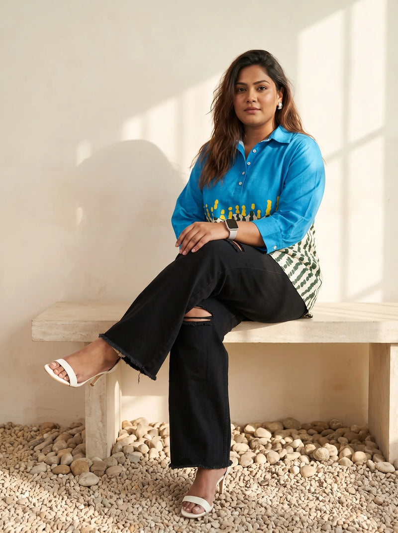 Blue Colour Block Dash Dot Print Top
