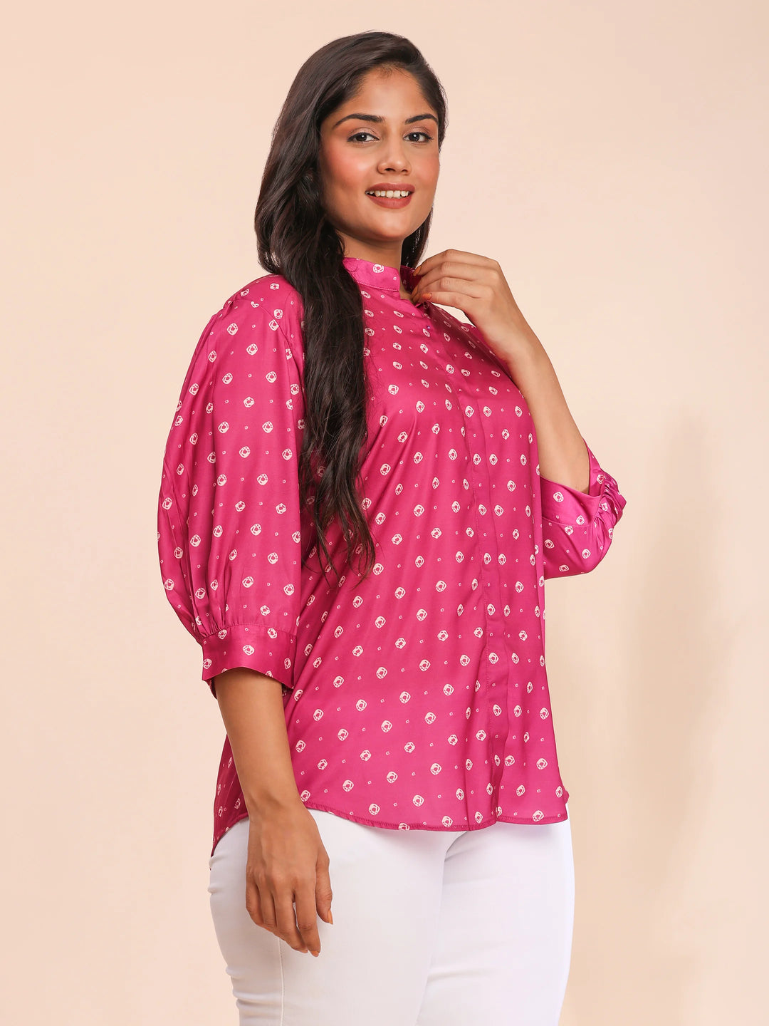 Fuchsia bandhani top with mandarin collar