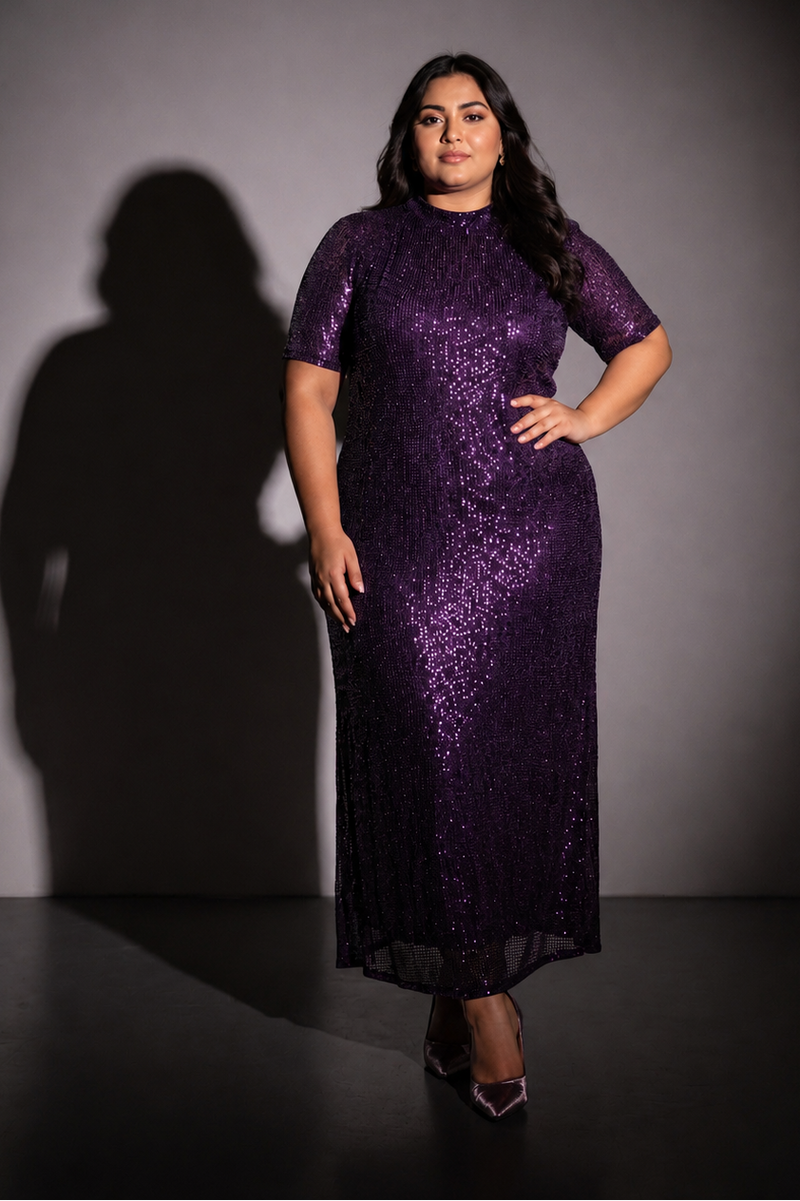 Magenta Sequin Maxi Dress with Side Slit