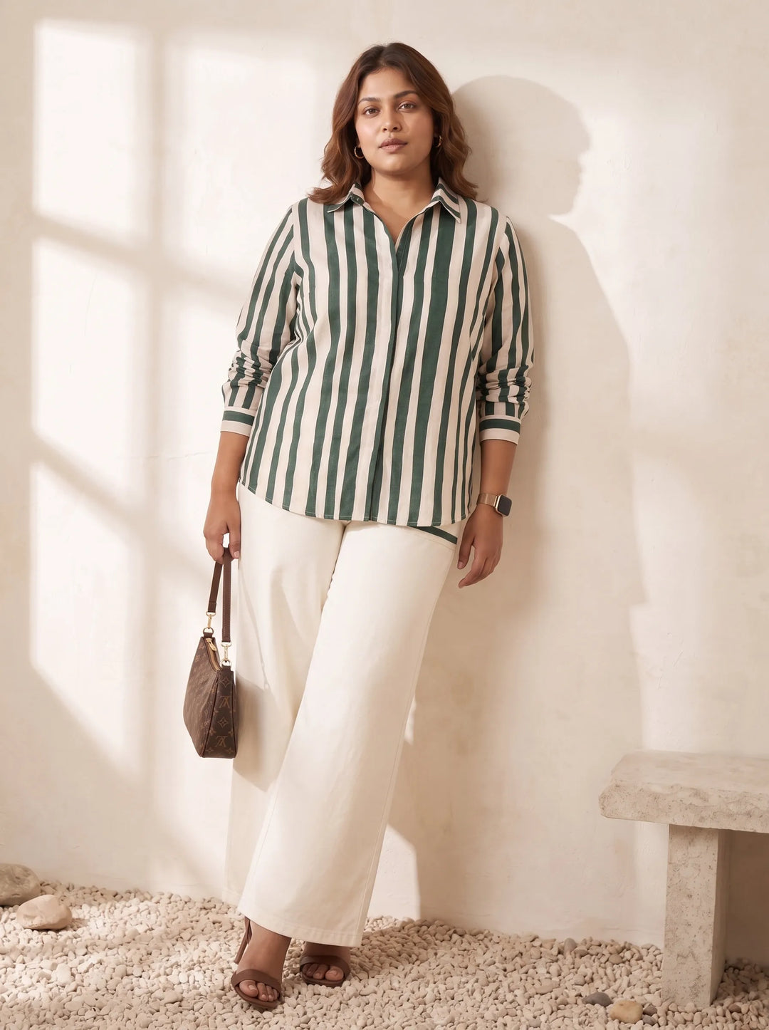 Green Striped Oversized Shirt Collar Top
