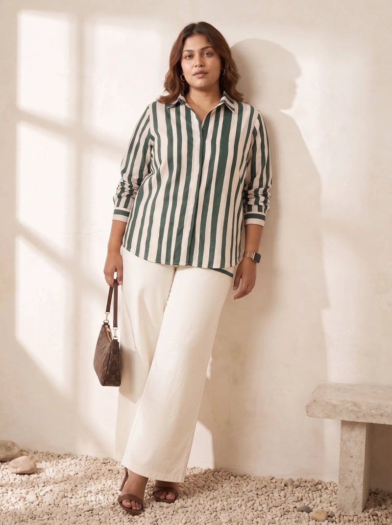 Green Striped Oversized Shirt Collar Top