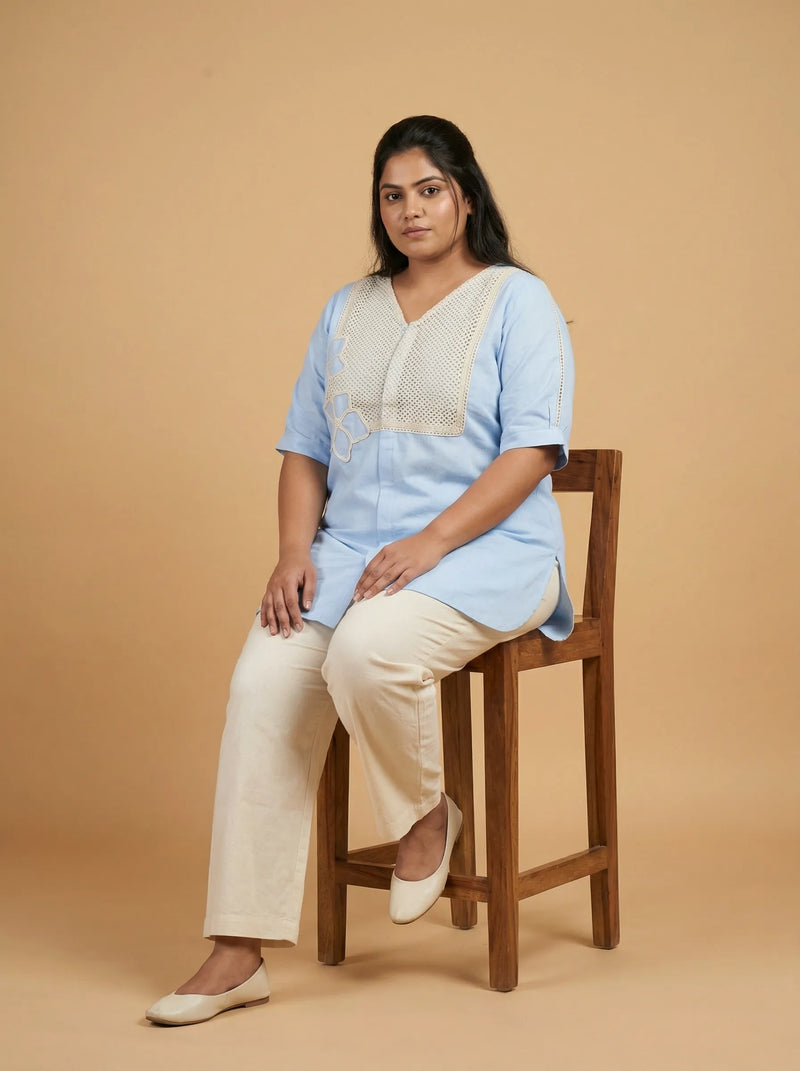 Sky Blue Pure Cotton Puffed Sleeve Top