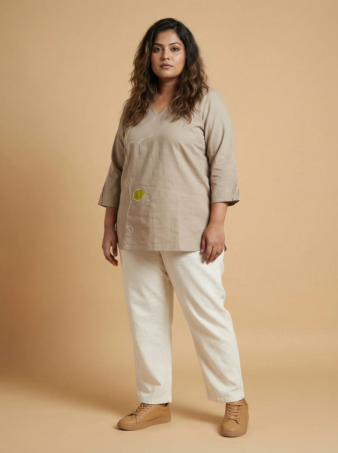 Beige Pure Cotton Top with Applic & Cord Work