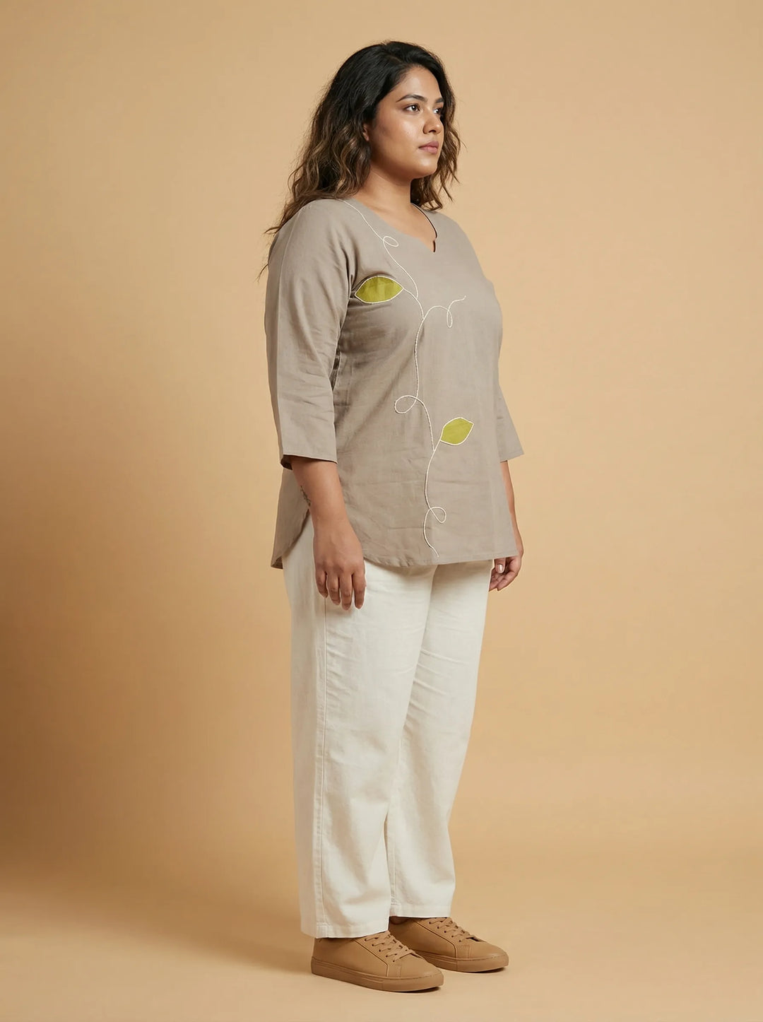 Beige Pure Cotton Top with Applic & Cord Work