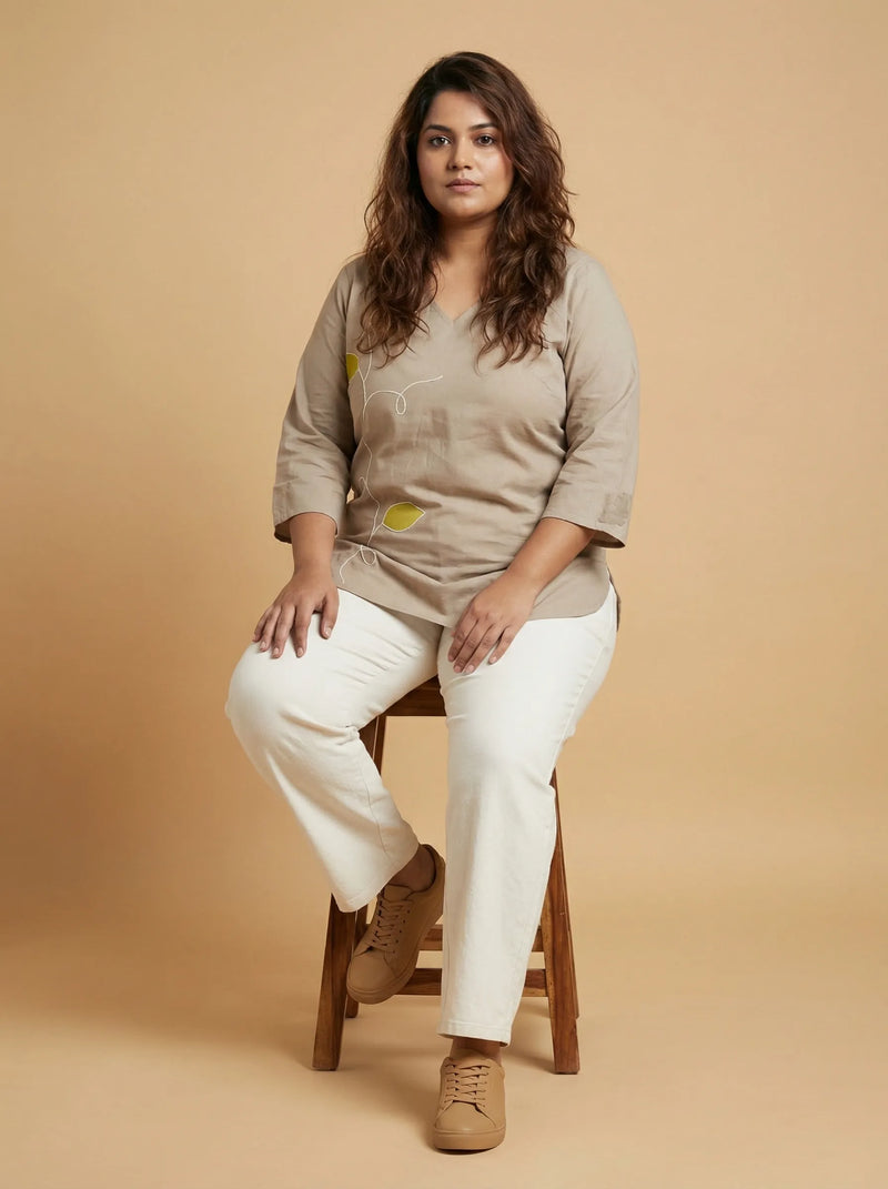 Beige Pure Cotton Top with Applic & Cord Work