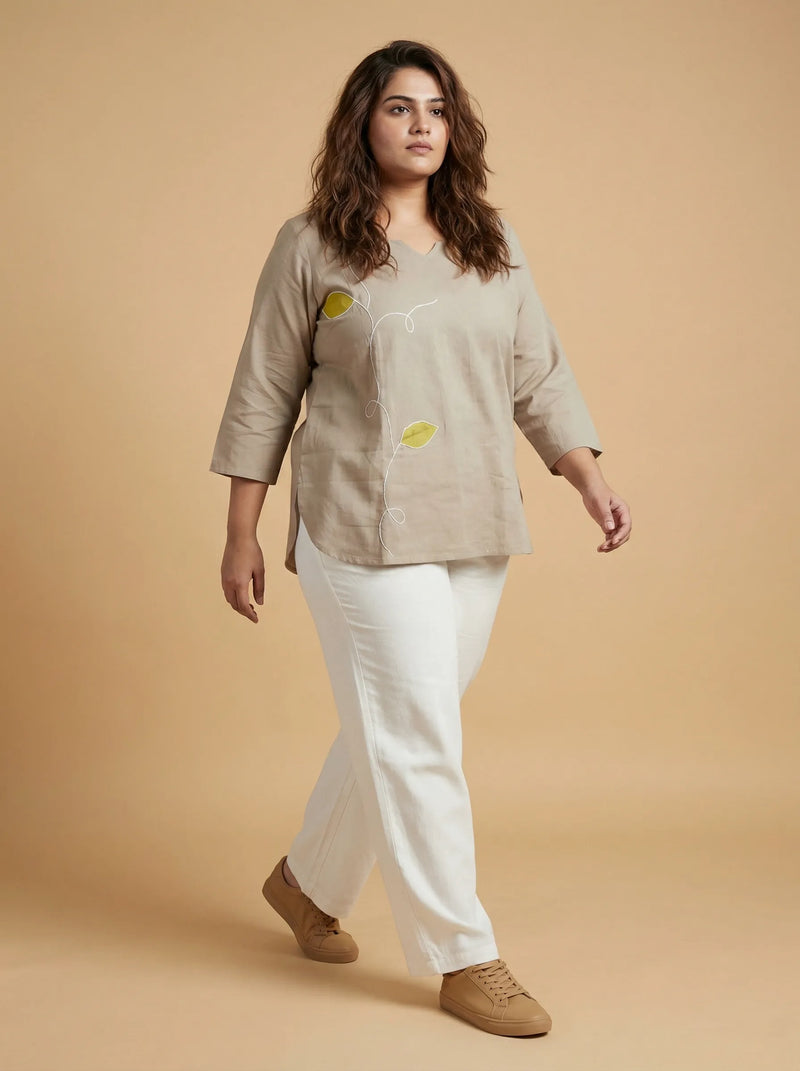 Beige Pure Cotton Top with Applic & Cord Work
