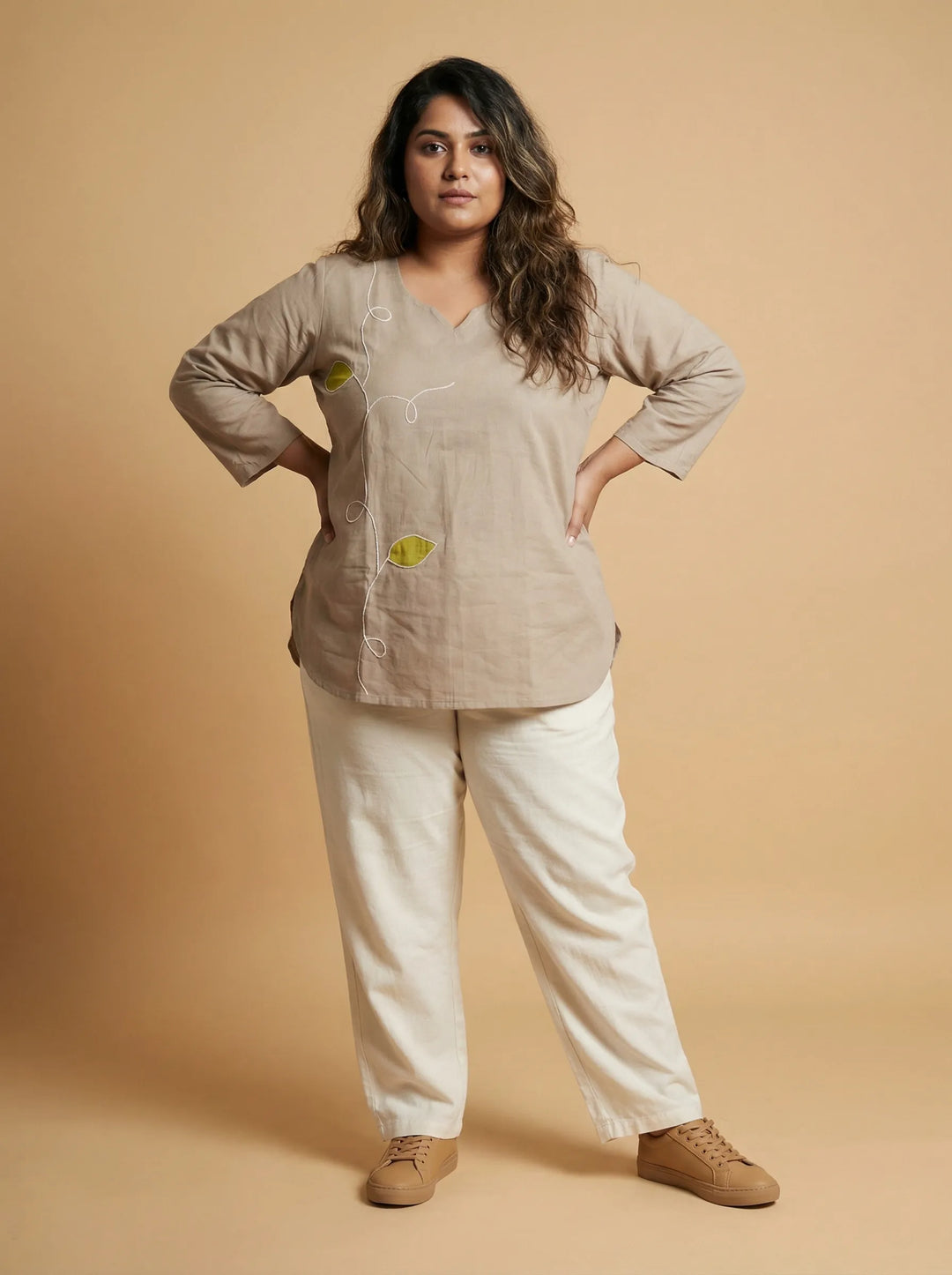 Beige Pure Cotton Top with Applic & Cord Work