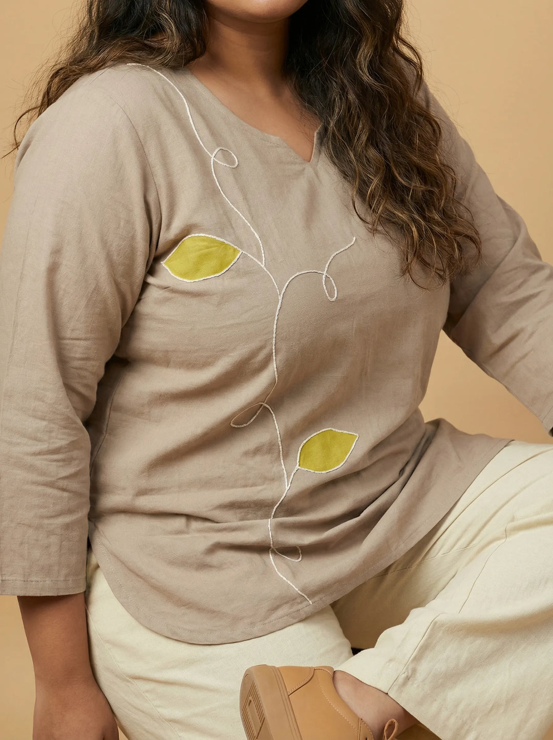 Beige Pure Cotton Top with Applic & Cord Work