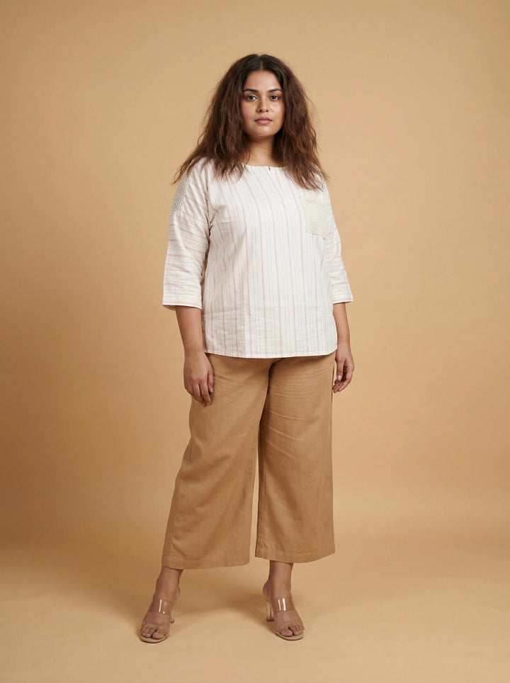 Pink Striped Cotton Crochet Pocket Top