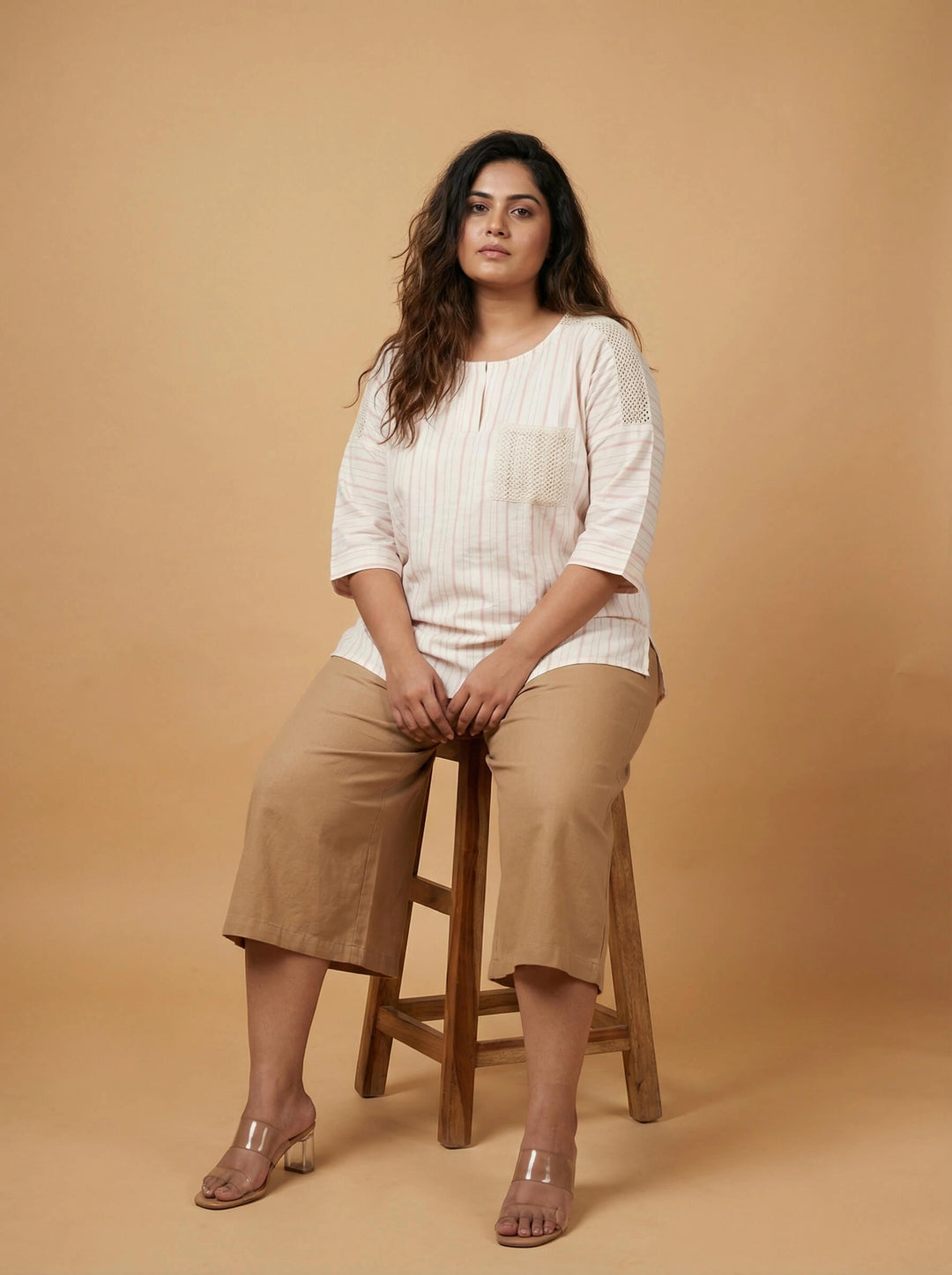 Pink Striped Cotton Crochet Pocket Top