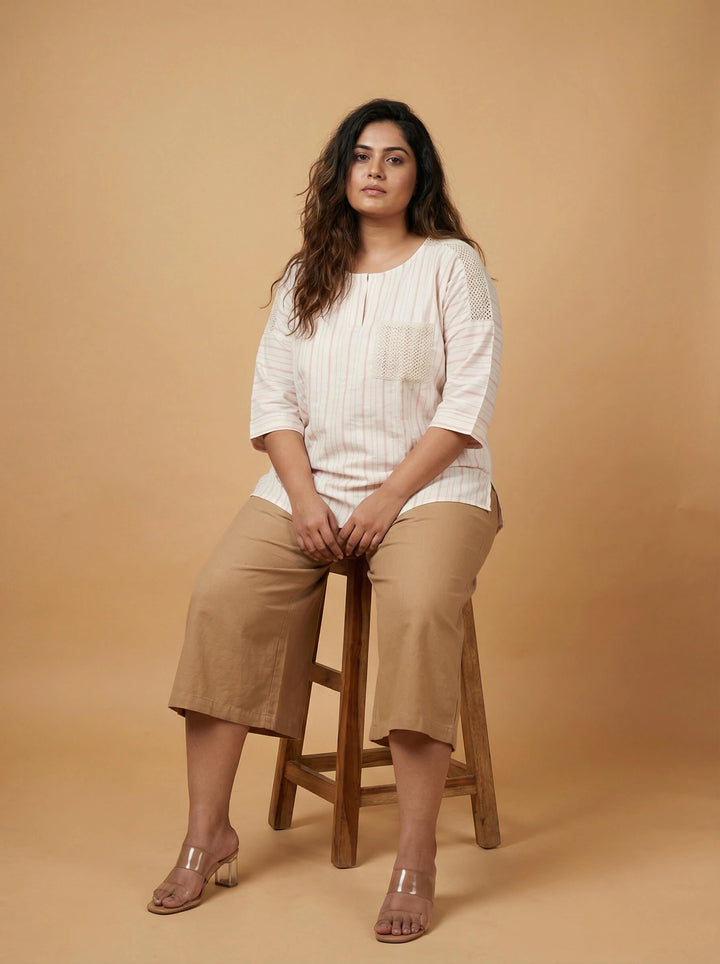 Pink Striped Cotton Crochet Pocket Top