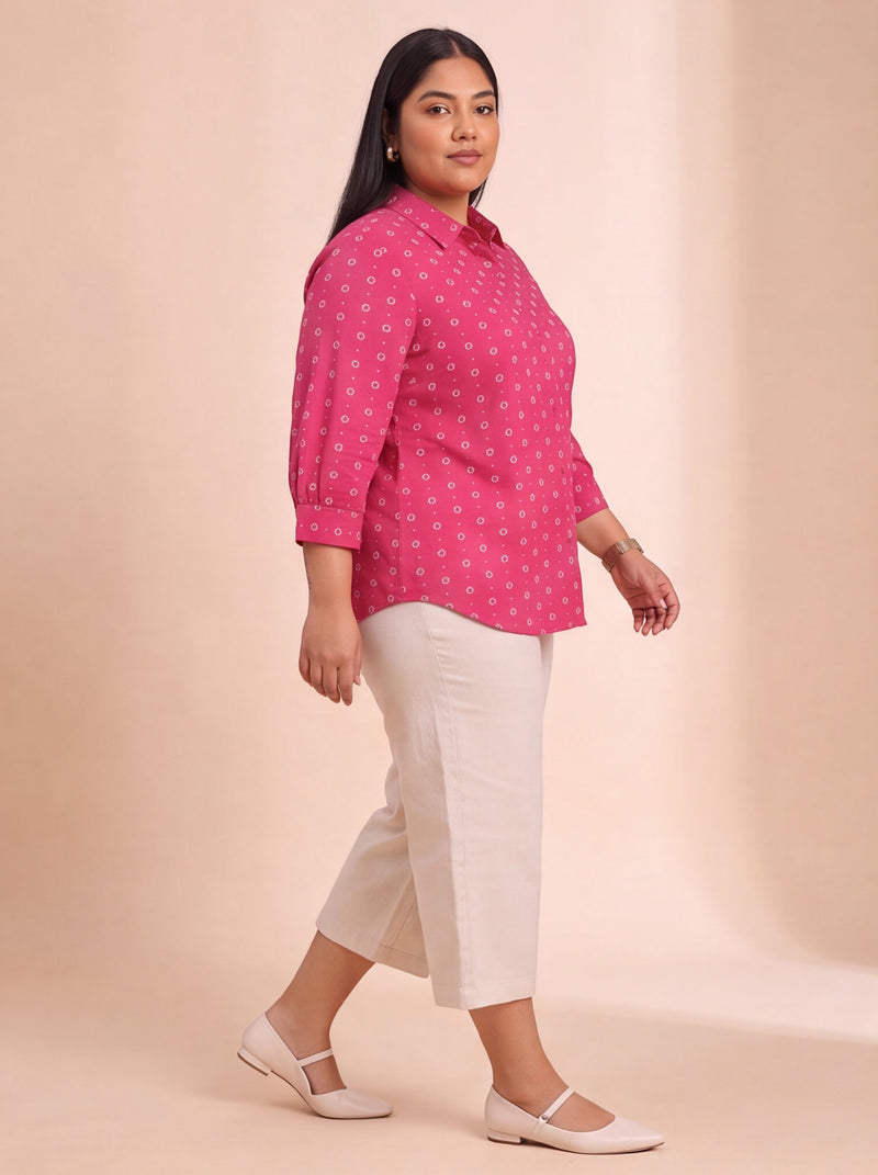 Fuchsia bandhani top with mandarin collar