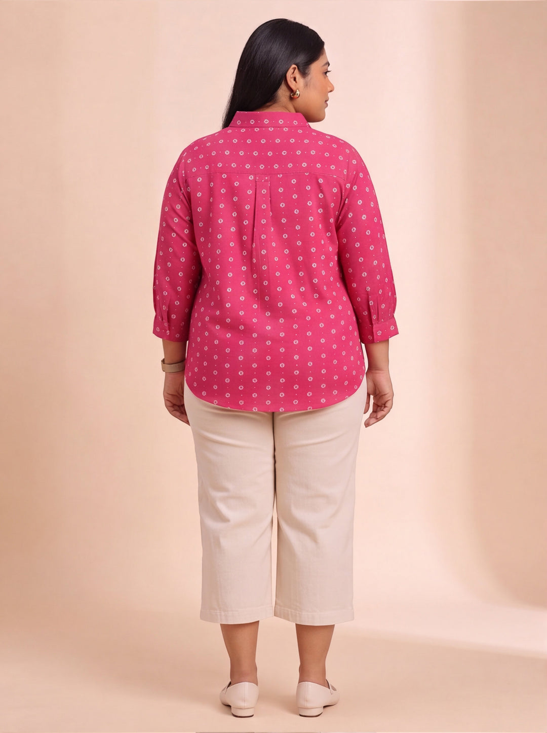 Fuchsia bandhani top with mandarin collar