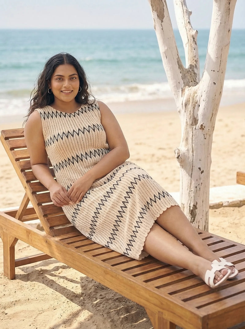 Off White Sleeveless Zig Zag Knitted Beach Wear Midi Dress