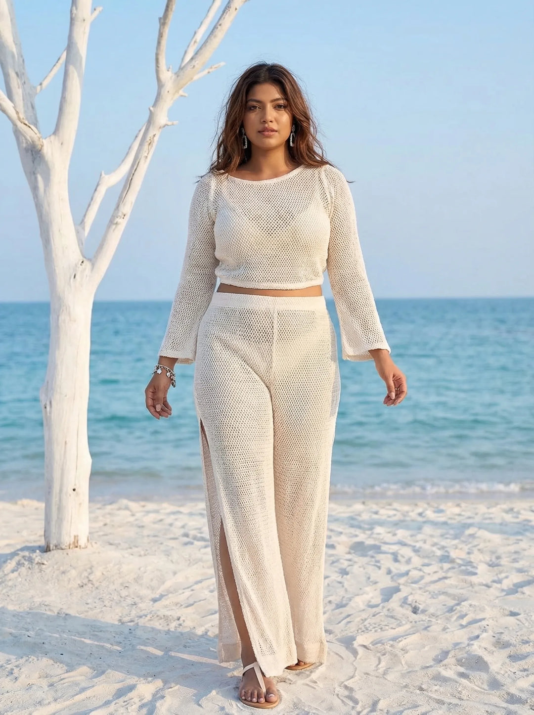 Beach Wear Off Shoulder Top and Side Slit Palazzo Cover Up Set