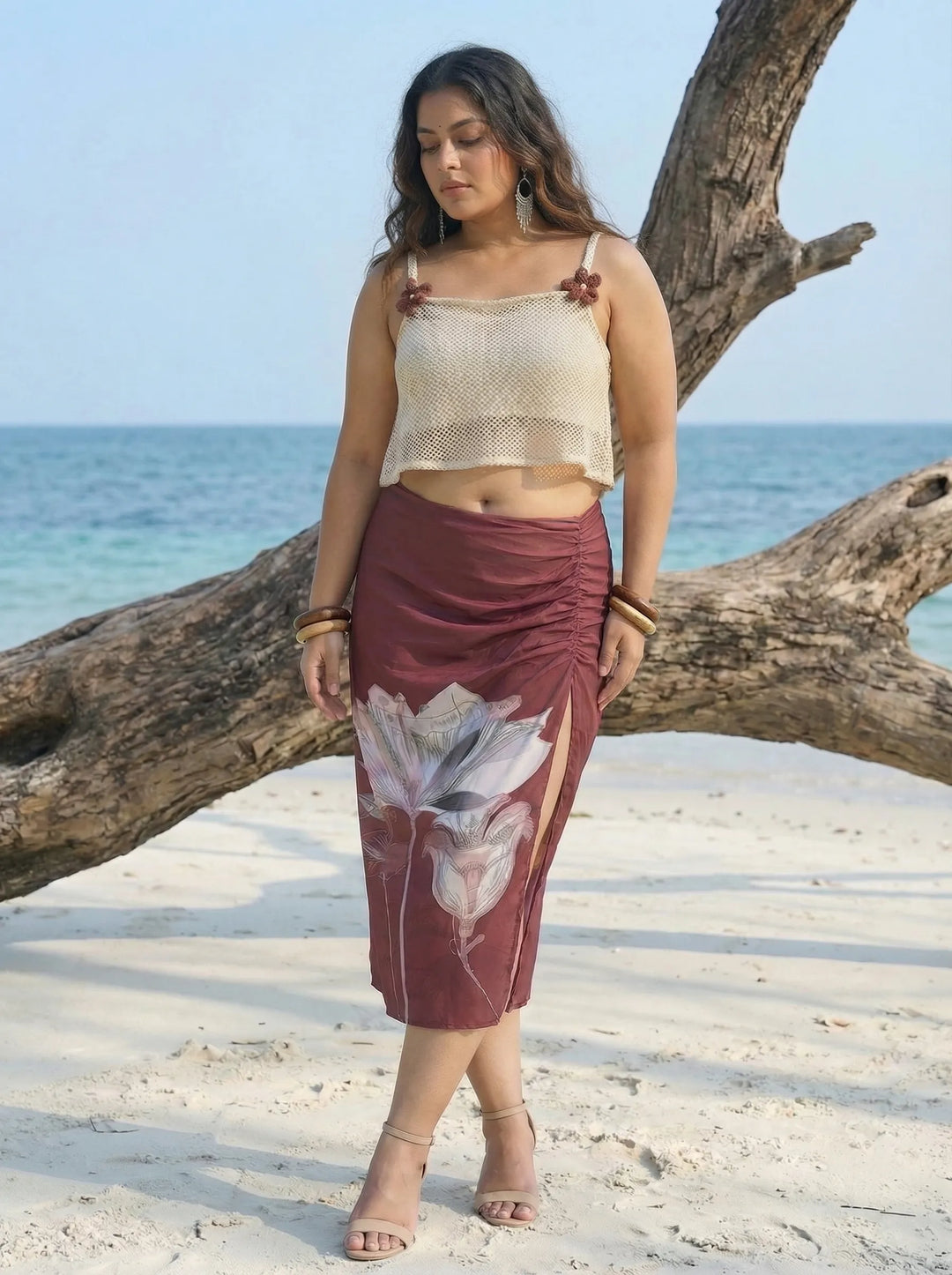 Curvylane's beachwear floral brown sarong & off-white crop top