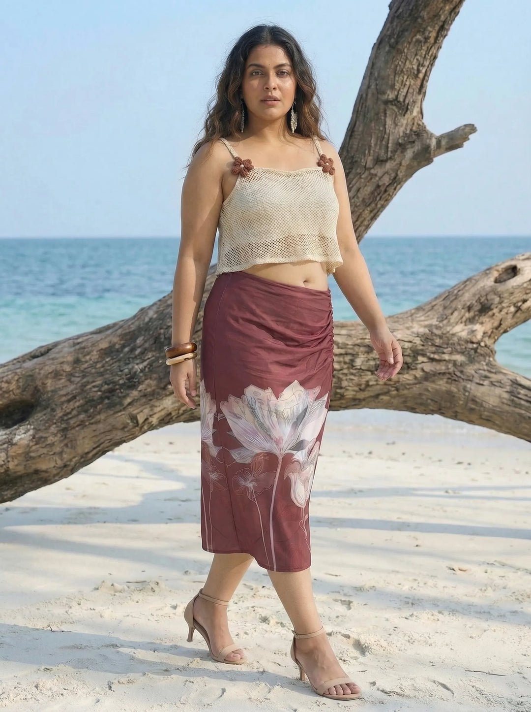 Curvylane's beachwear floral brown sarong & off-white crop top