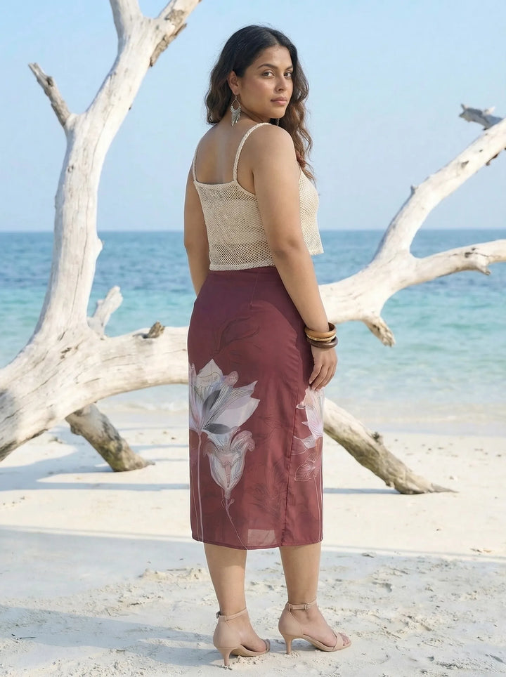 Curvylane's beachwear floral brown sarong & off-white crop top
