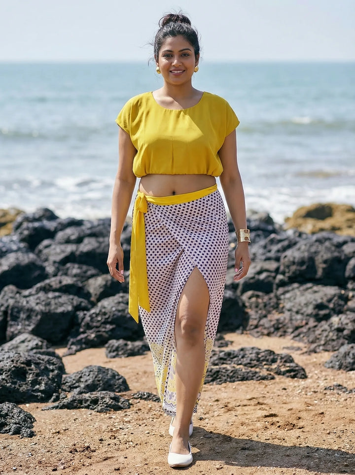 Yellow top and tie-up sarong summer beach wear for ladies