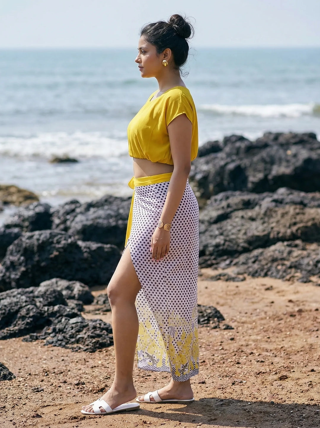 Yellow top and tie-up sarong summer beach wear for ladies