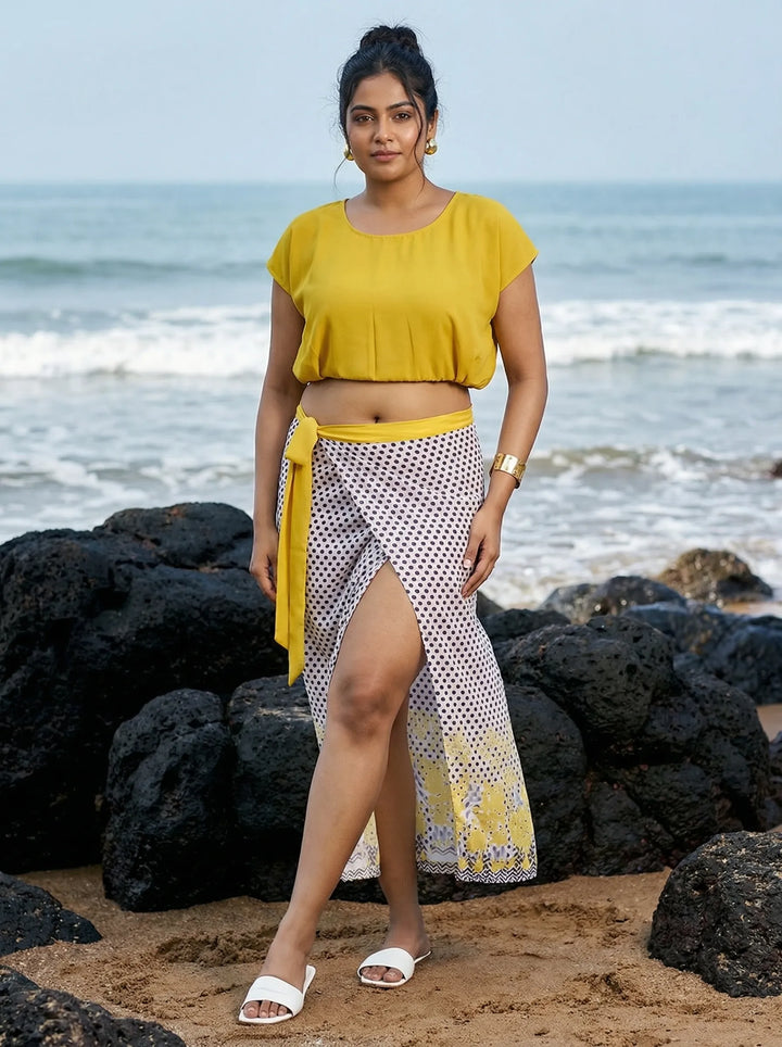 Yellow top and tie-up sarong summer beach wear for ladies