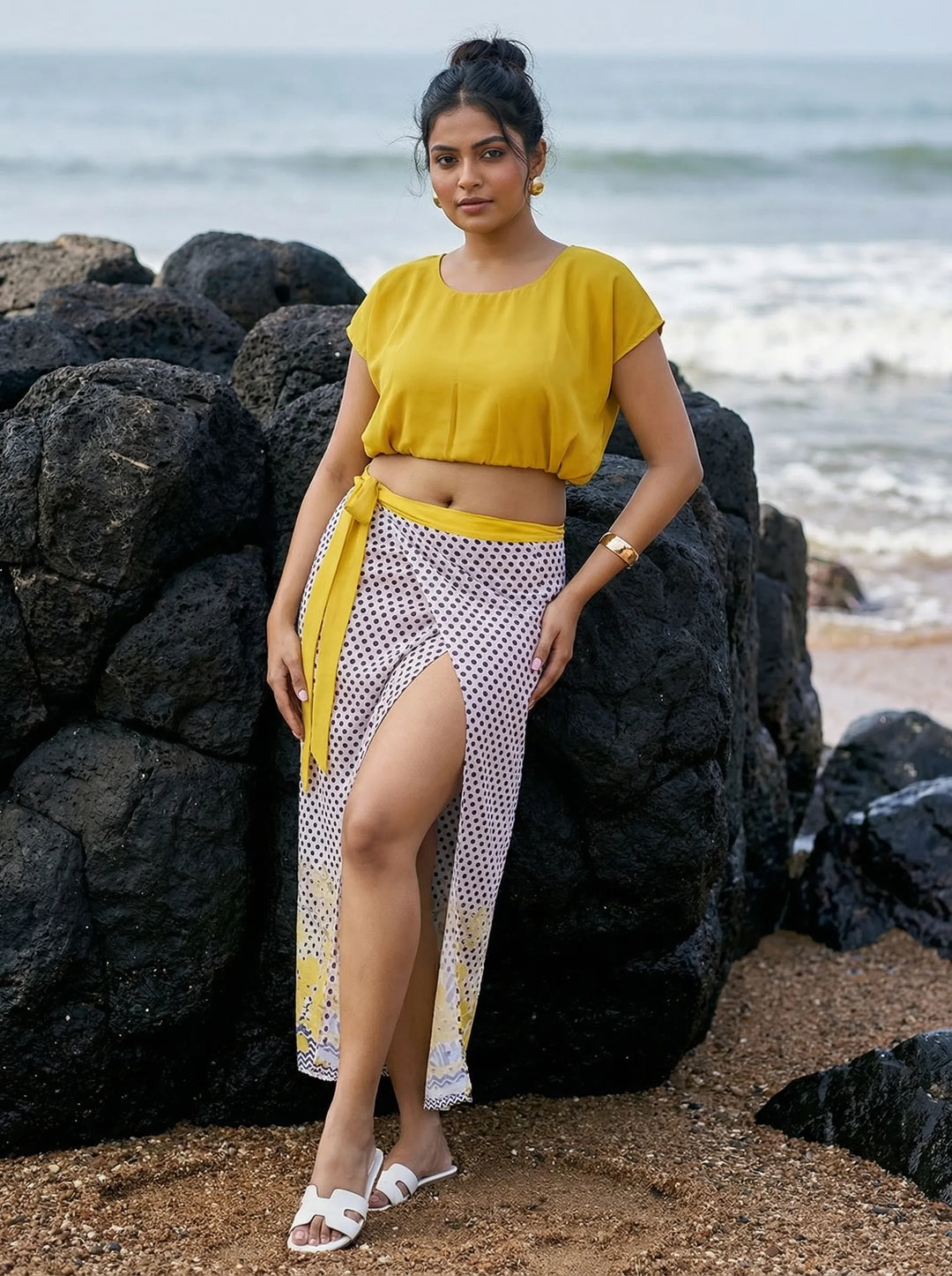 Yellow top and tie-up sarong summer beach wear for ladies